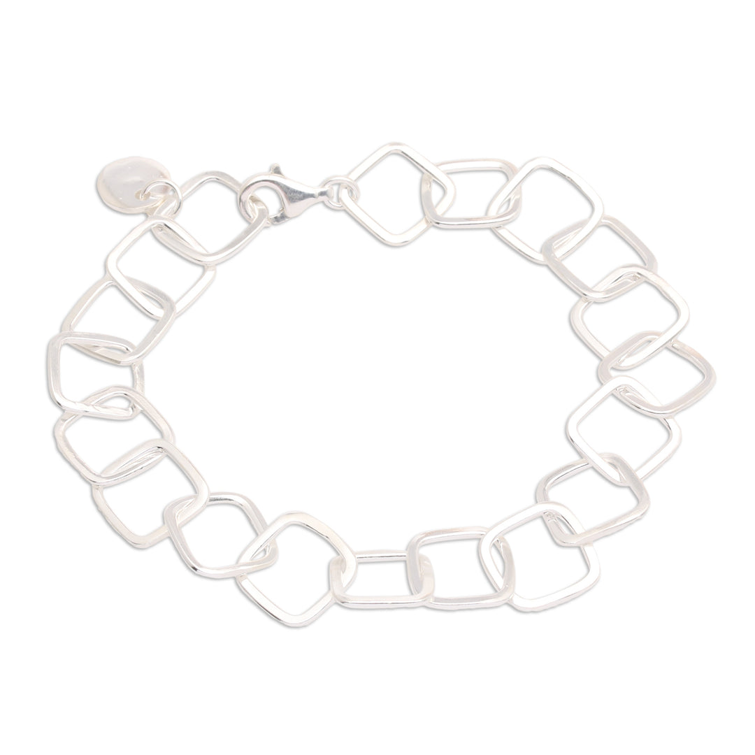 High Polished Square-Shaped Sterling Silver Link Bracelet - Square Promise
