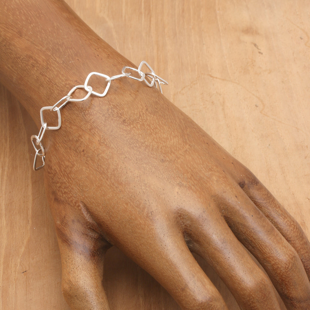 High Polished Square-Shaped Sterling Silver Link Bracelet - Square Promise