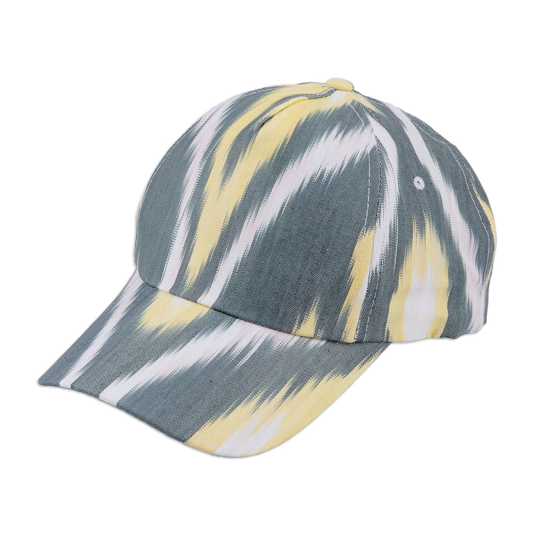 Handmade Ikat Patterned Grey and Yellow Cotton Baseball Cap - Intrepid Yellow