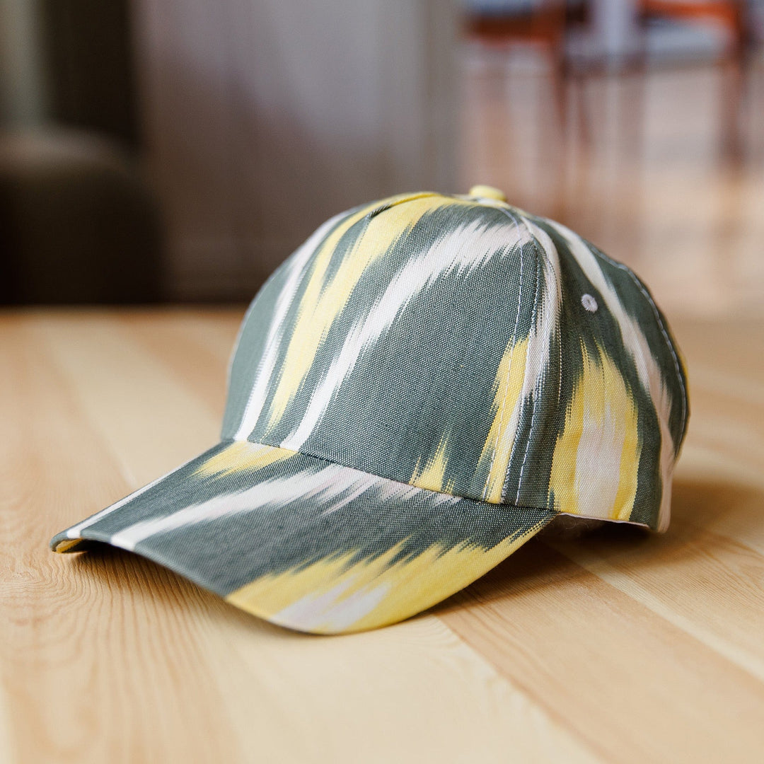 Handmade Ikat Patterned Grey and Yellow Cotton Baseball Cap - Intrepid Yellow