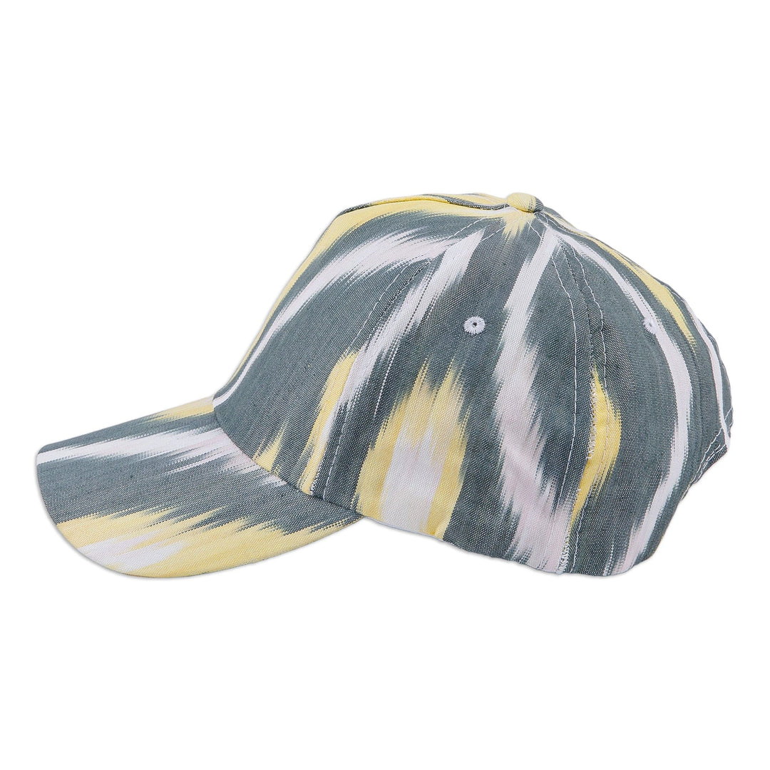 Handmade Ikat Patterned Grey and Yellow Cotton Baseball Cap - Intrepid Yellow