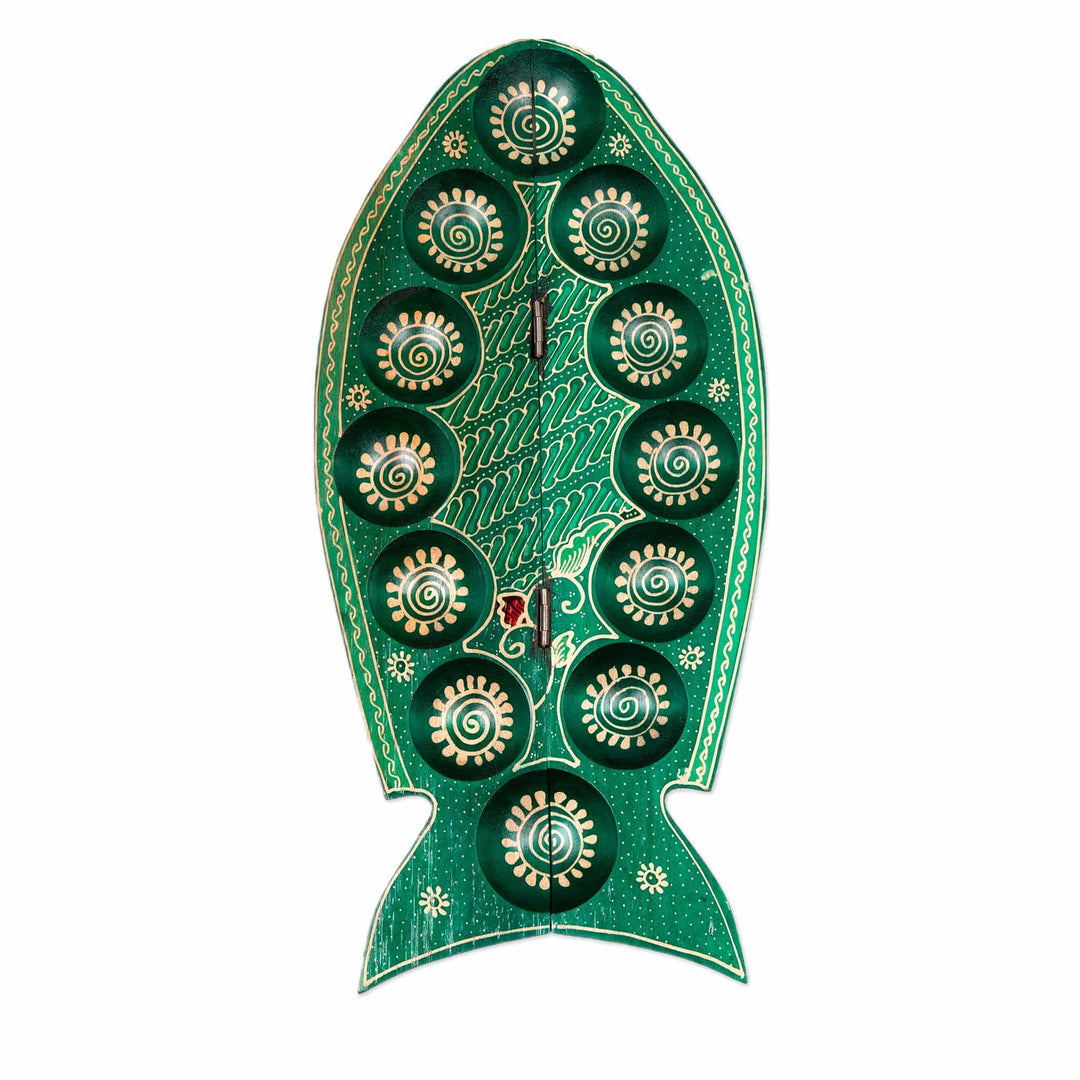 Foldable Fish-Shaped Batik Wood Mancala Board Game Set - Swimming Tilapia