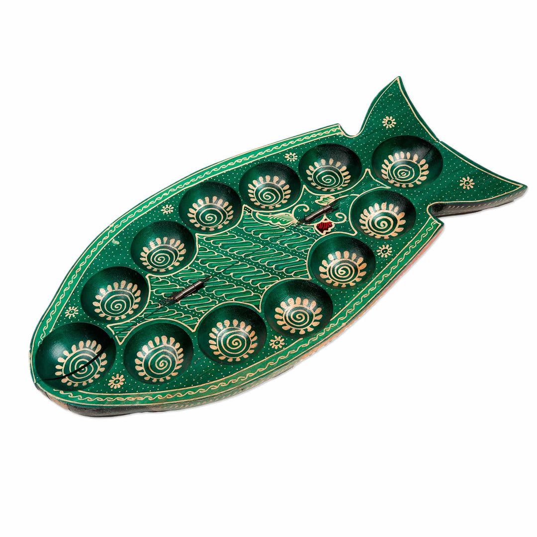 Foldable Fish-Shaped Batik Wood Mancala Board Game Set - Swimming Tilapia