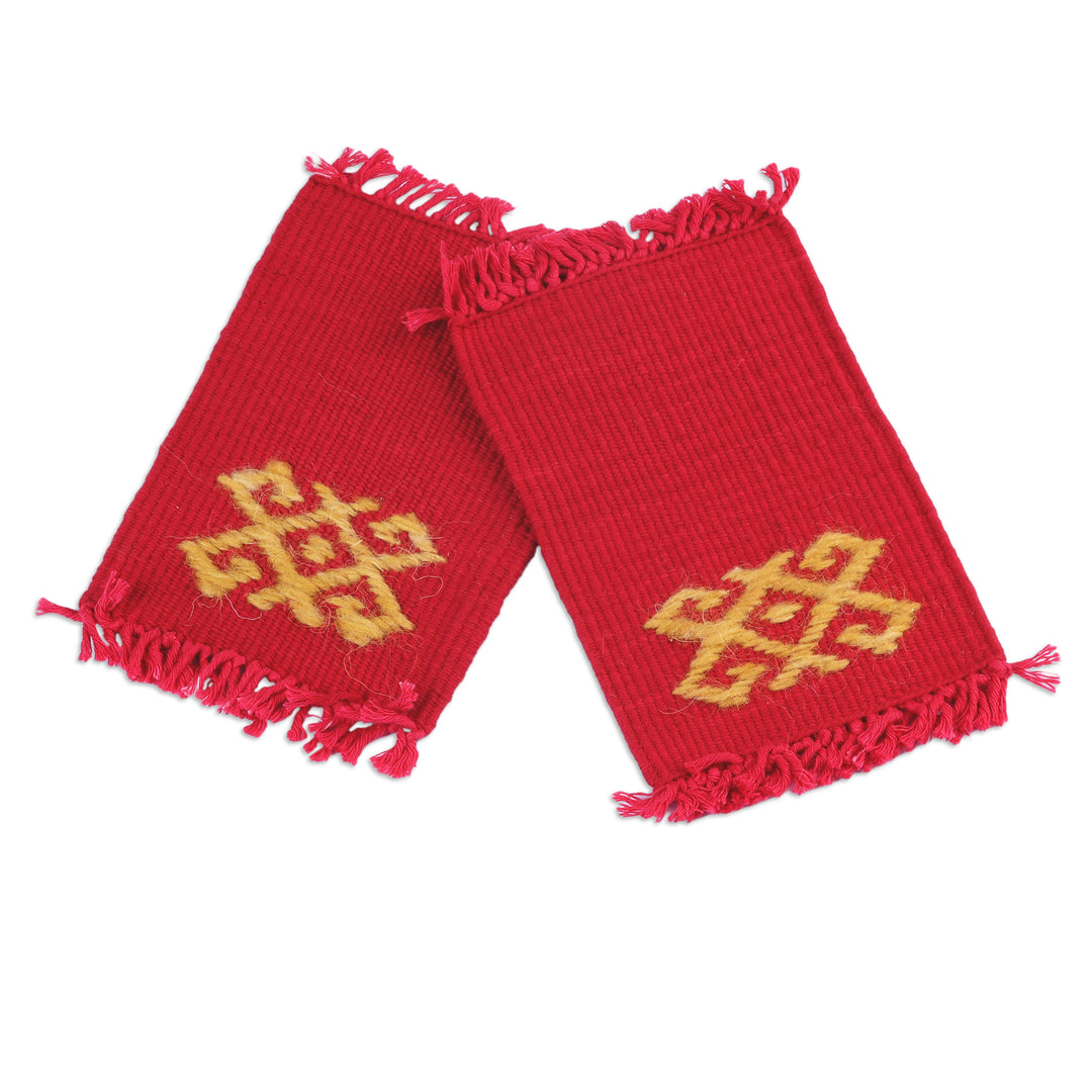 2 Handwoven Red Cotton Coasters with Hand-Embroidered Motif - Traditions in Red