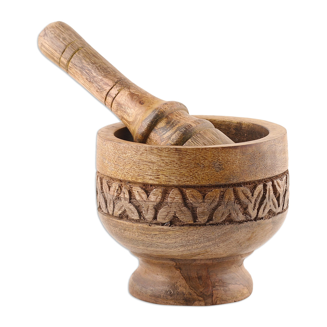 Hand-Carved Leafy Mango Wood Mortar and Pestle from India - Leafy Pleasure