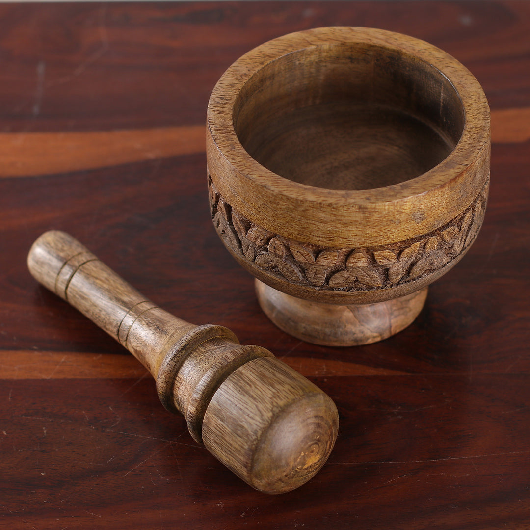 Hand-Carved Leafy Mango Wood Mortar and Pestle from India - Leafy Pleasure