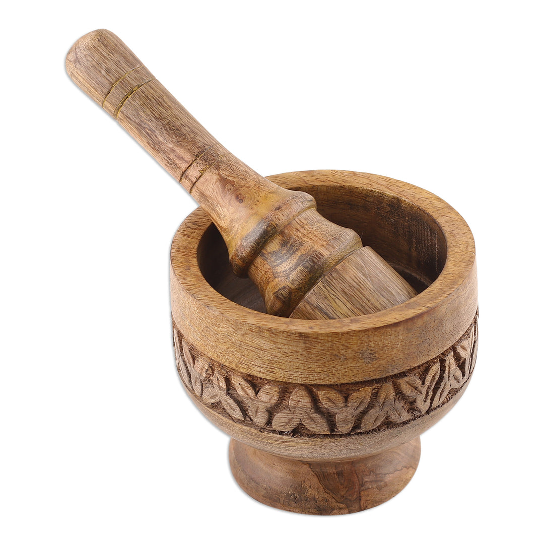 Hand-Carved Leafy Mango Wood Mortar and Pestle from India - Leafy Pleasure