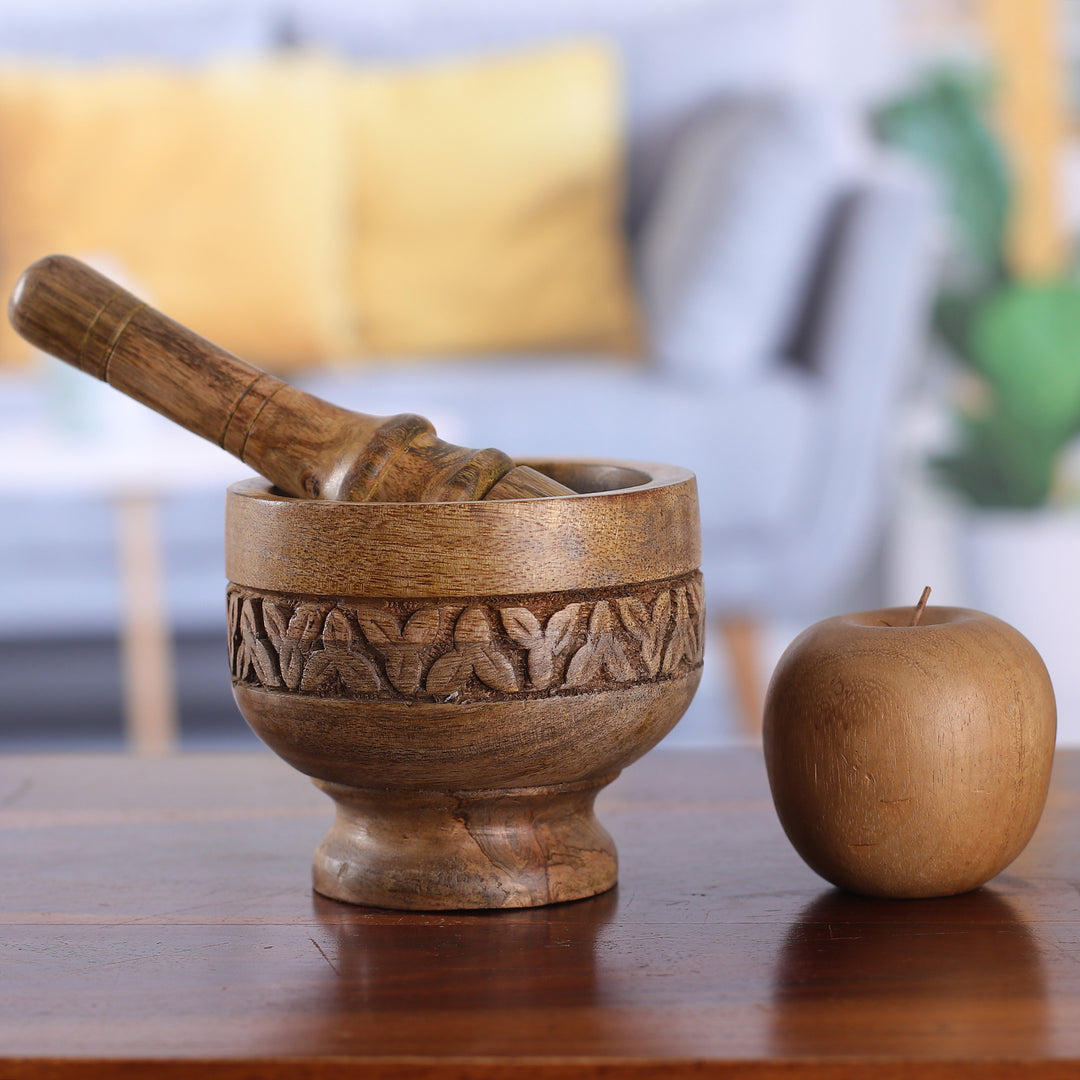 Hand-Carved Leafy Mango Wood Mortar and Pestle from India - Leafy Pleasure