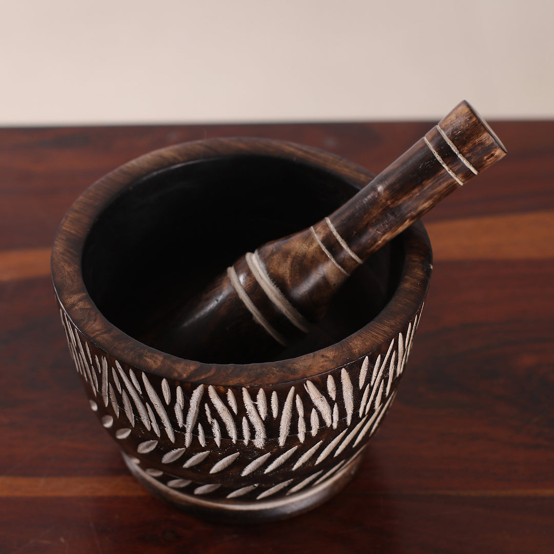 Hand-Carved Rustic Mango Wood Mortar and Pestle from India - Rustic Enchantment