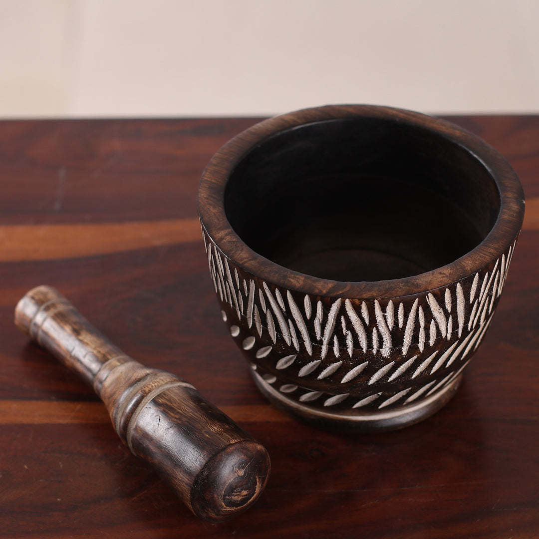 Hand-Carved Rustic Mango Wood Mortar and Pestle from India - Rustic Enchantment