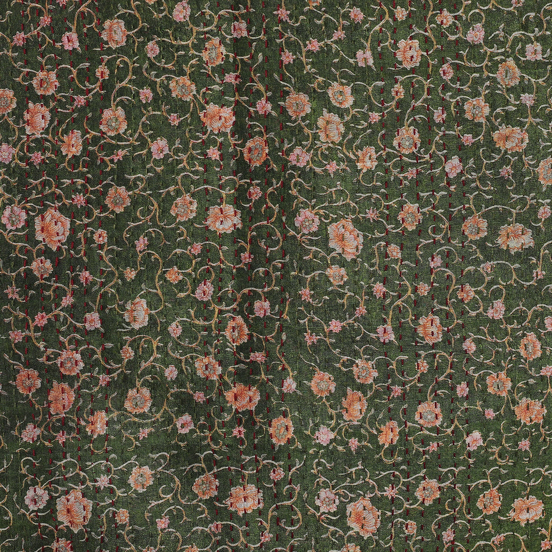 Kantha Embroidered Green and Black Reversible Silk Scarf - Floral Seasons