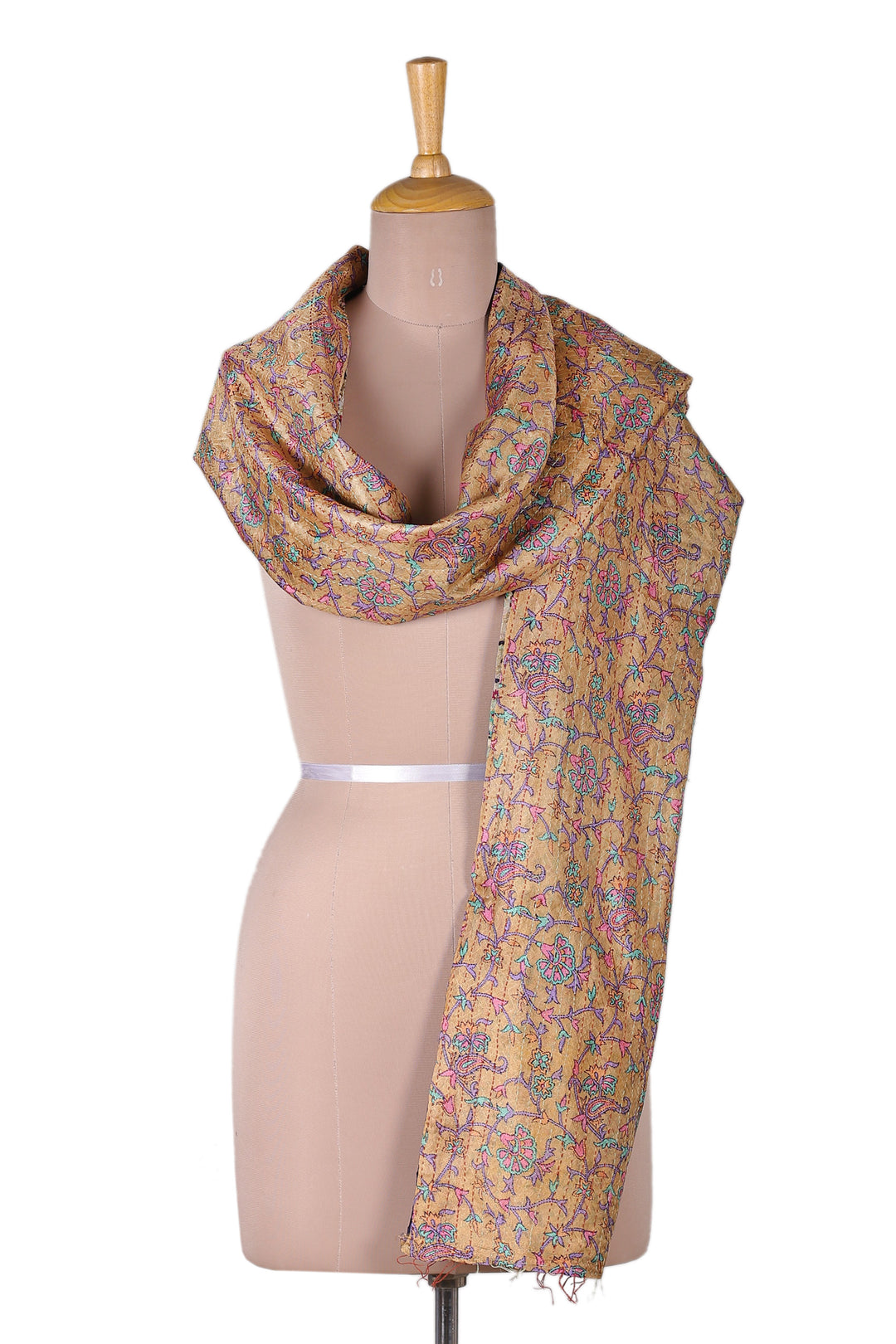 Kantha Embroidered Beige and Ivory Reversible Silk Scarf - Floral Visions