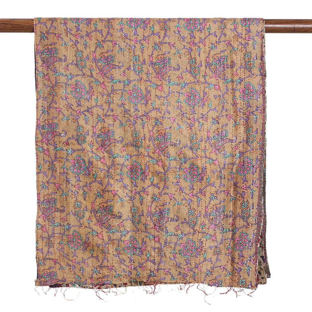 Kantha Embroidered Beige and Ivory Reversible Silk Scarf - Floral Visions