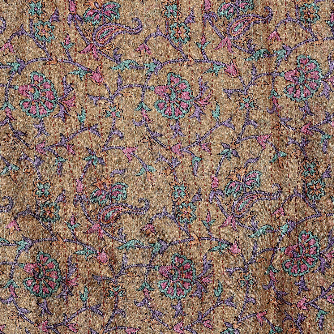 Kantha Embroidered Beige and Ivory Reversible Silk Scarf - Floral Visions