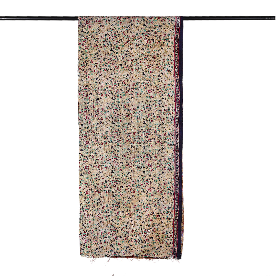Kantha Embroidered Beige and Ivory Reversible Silk Scarf - Floral Visions