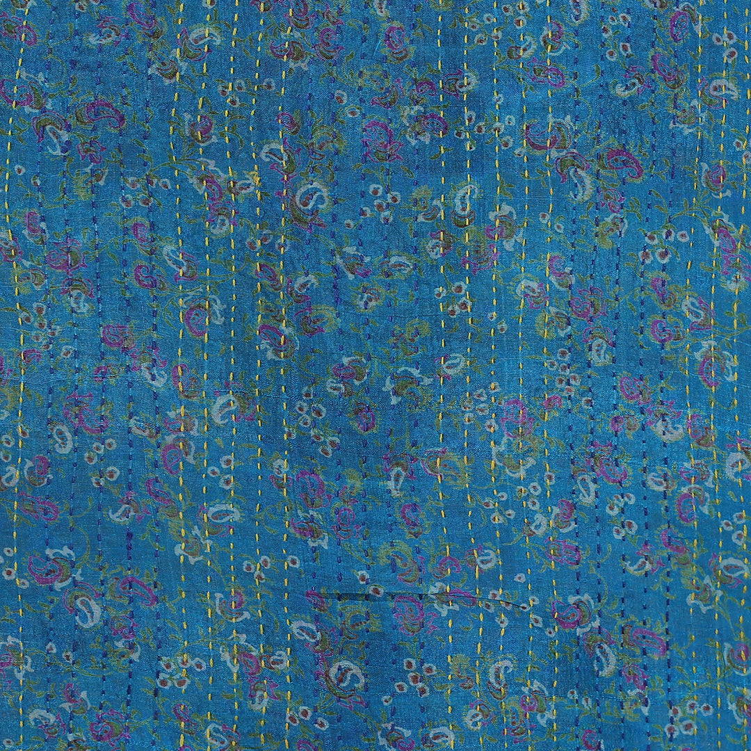 Kantha Embroidered Cyan and Sunrise Reversible Silk Scarf - Floral Worlds