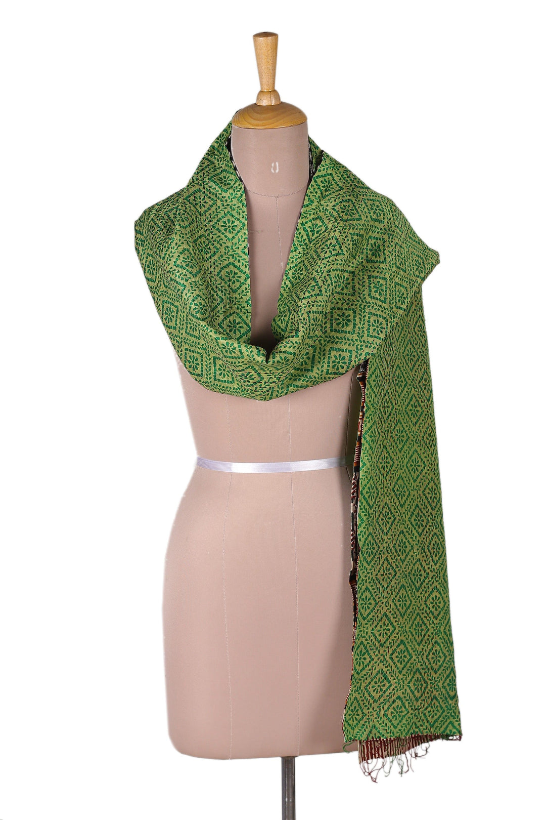 Geometric-Patterned Green and Black Reversible Silk Scarf - Classic Fusions