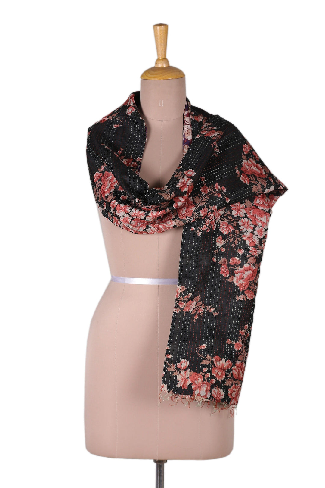 Floral-Patterned Black and White Reversible Silk Scarf - Day & Night