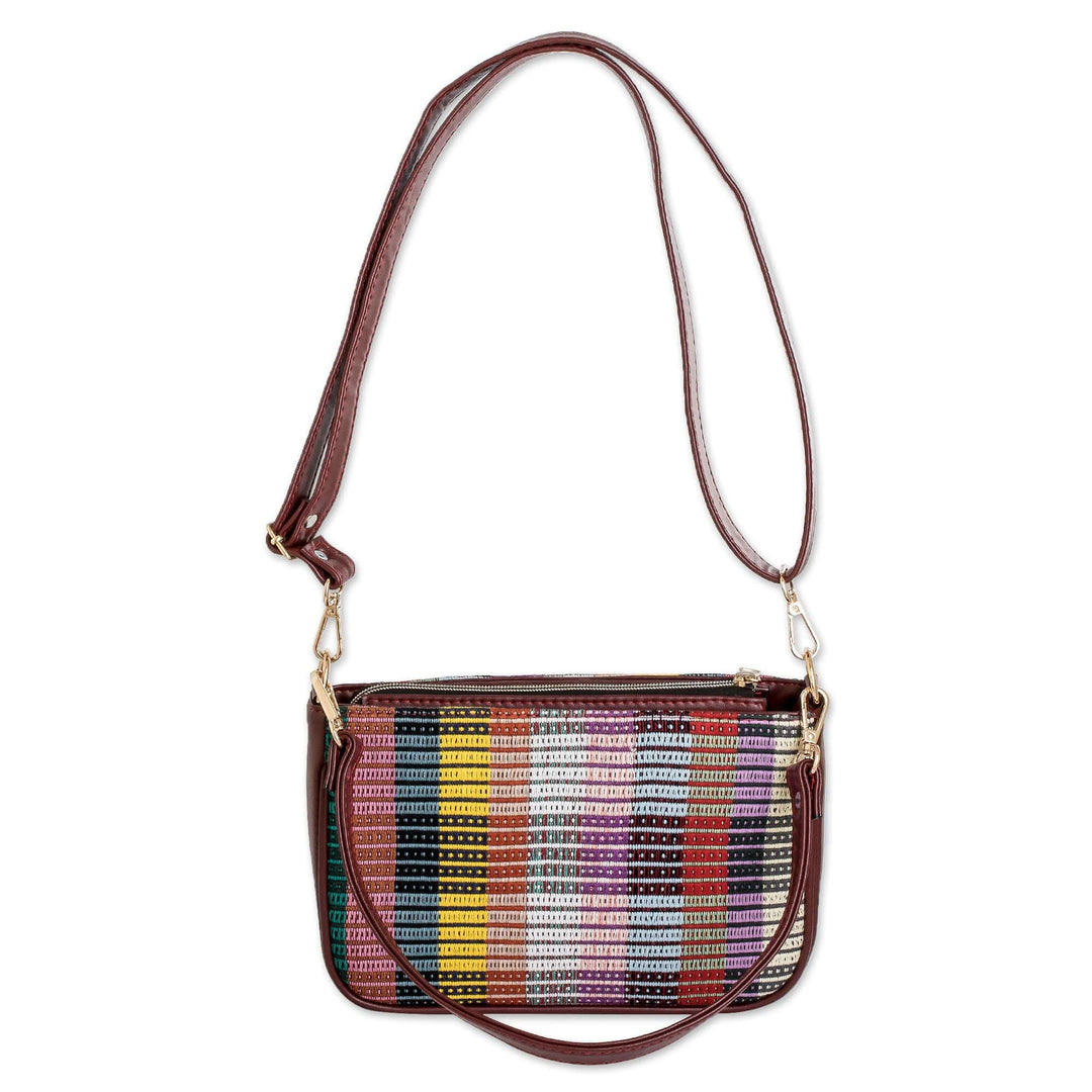 Faux Leather-Accented Colorful Striped Cotton Shoulder Bag - Paths of This Land