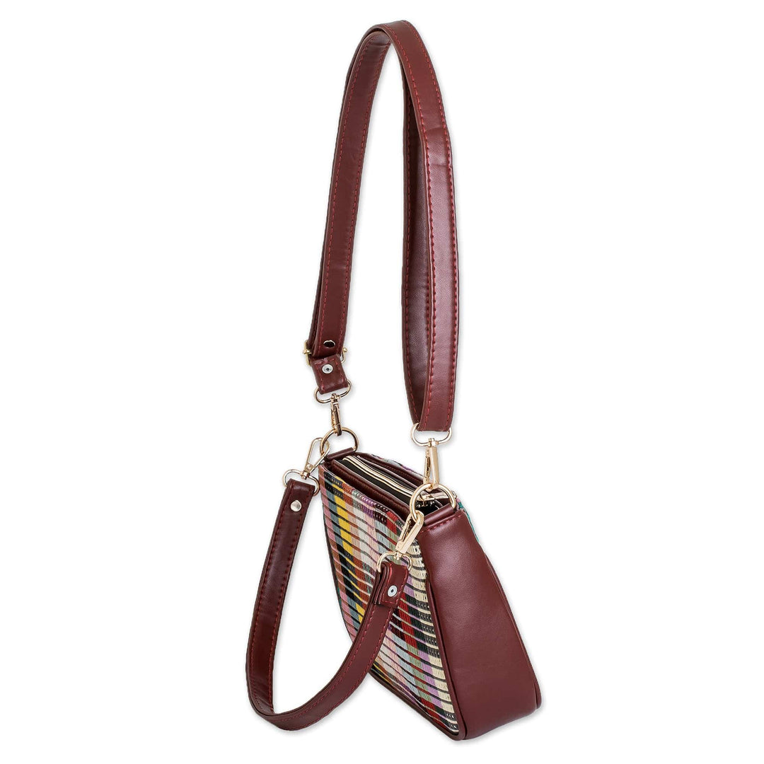 Faux Leather-Accented Colorful Striped Cotton Shoulder Bag - Paths of This Land