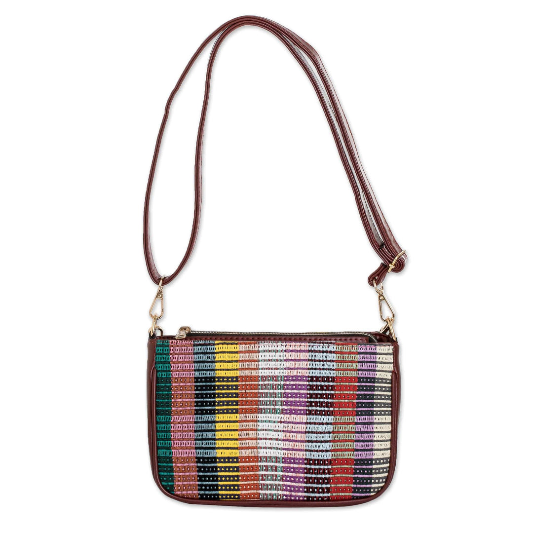 Faux Leather-Accented Colorful Striped Cotton Shoulder Bag - Paths of This Land
