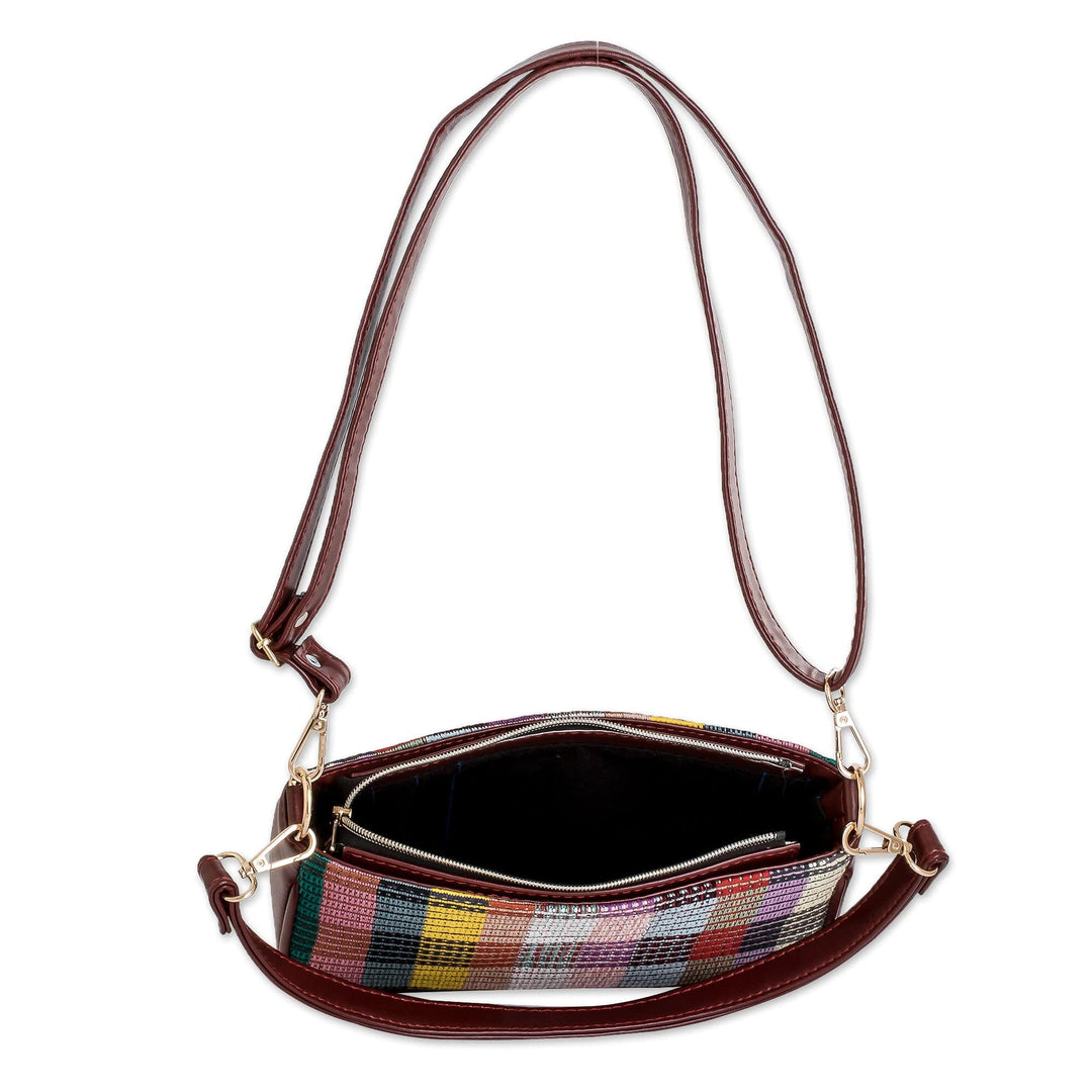 Faux Leather-Accented Colorful Striped Cotton Shoulder Bag - Paths of This Land