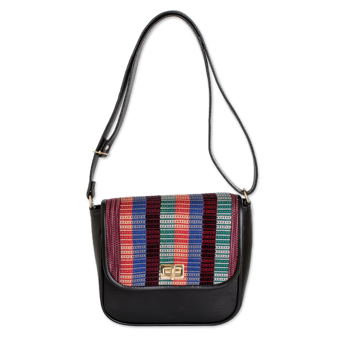 Black Faux Leather-Accented Striped Cotton Sling Bag - Nocturnal Guatemala