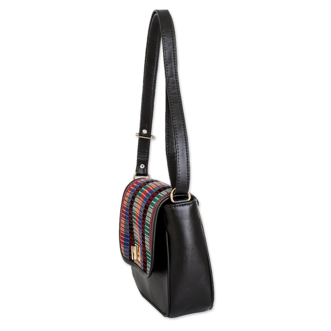 Black Faux Leather-Accented Striped Cotton Sling Bag - Nocturnal Guatemala