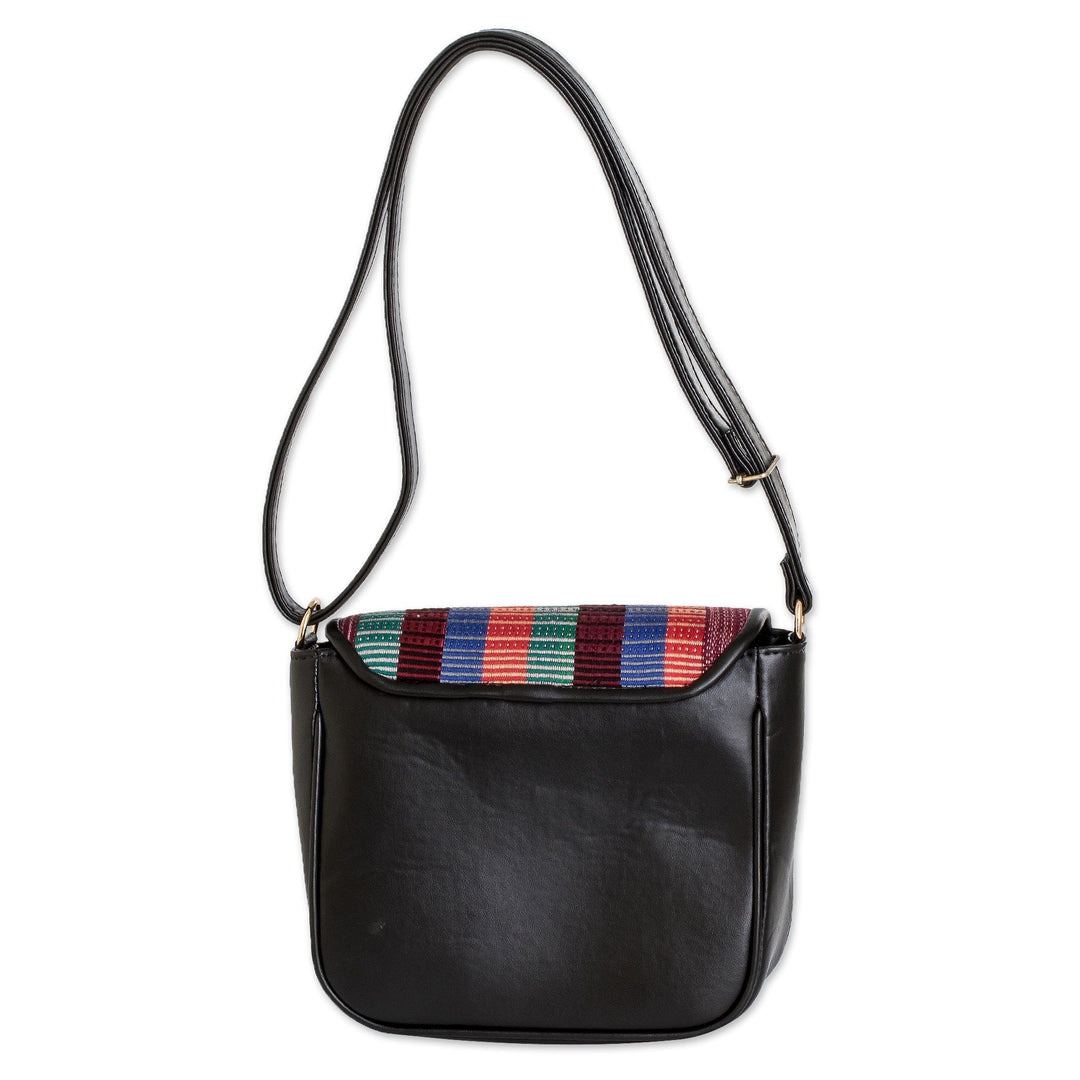 Black Faux Leather-Accented Striped Cotton Sling Bag - Nocturnal Guatemala