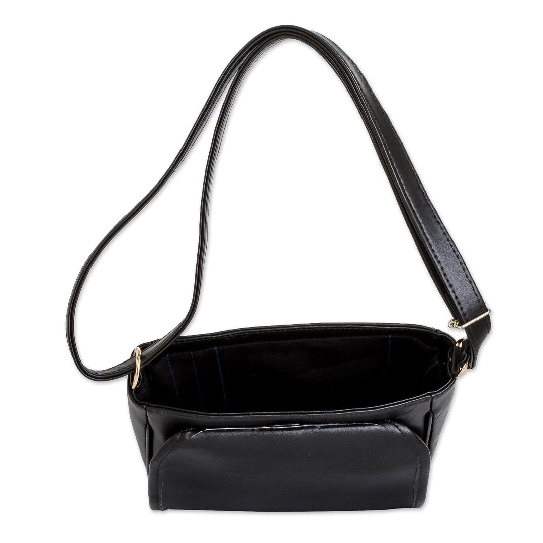 Black Faux Leather-Accented Striped Cotton Sling Bag - Nocturnal Guatemala