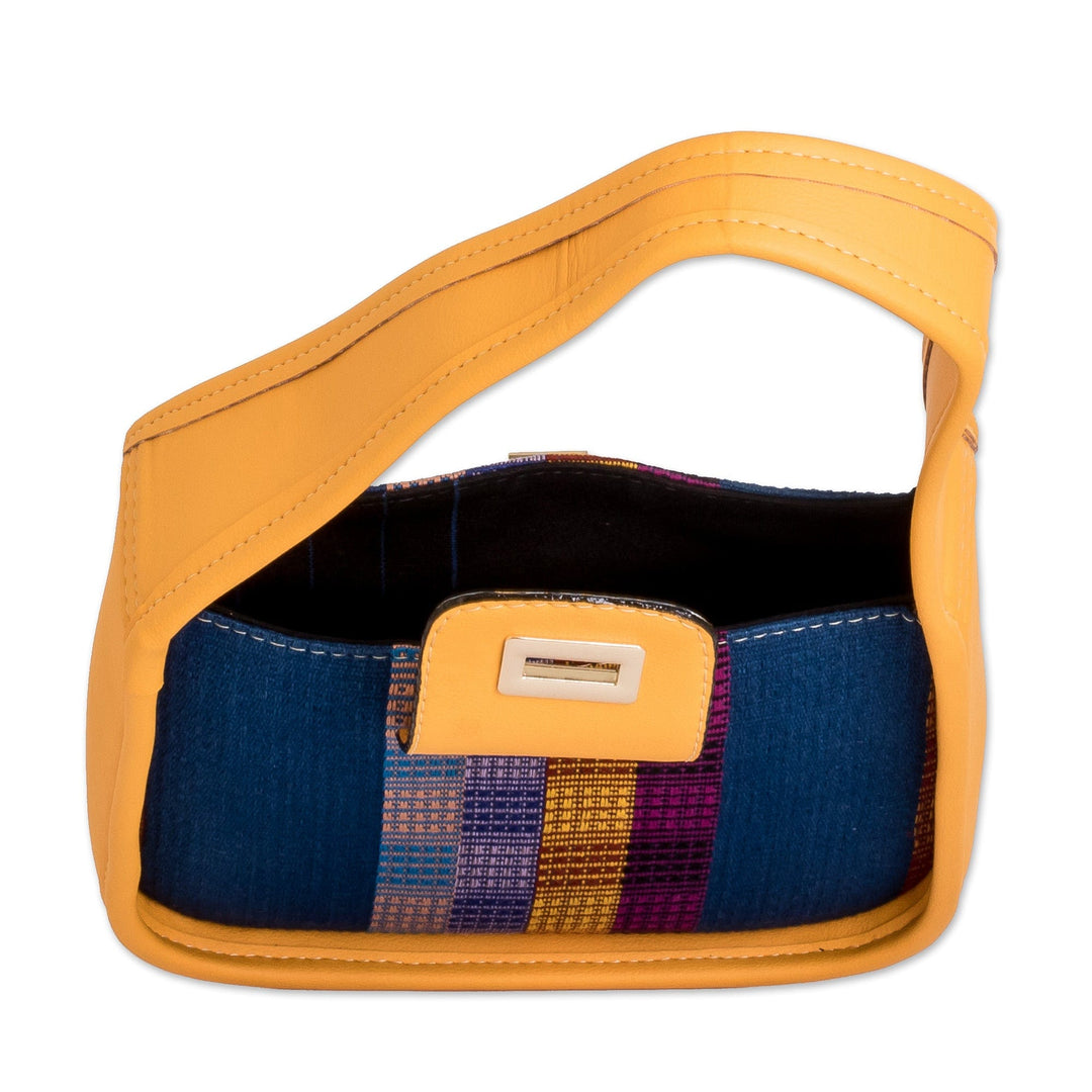 Yellow Faux Leather-Accented Striped Cotton Shoulder Bag - Yellow Ways