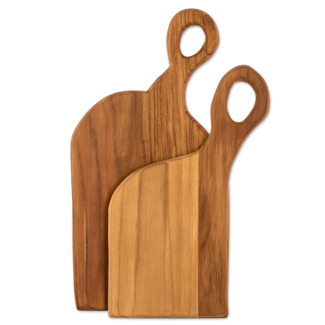 Set of 2 Romantic Semi-Abstract Teak Wood Cutting Boards - Cooking Couple