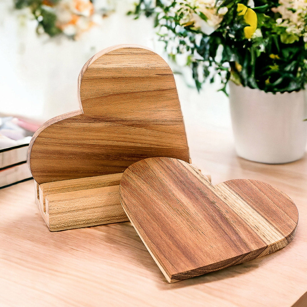 Heart-Shaped Teak Wood Coasters with Base (3 Pieces) - Love Elixir