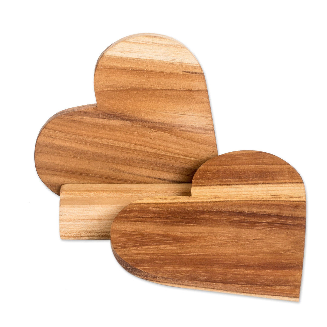 Heart-Shaped Teak Wood Coasters with Base (3 Pieces) - Love Elixir