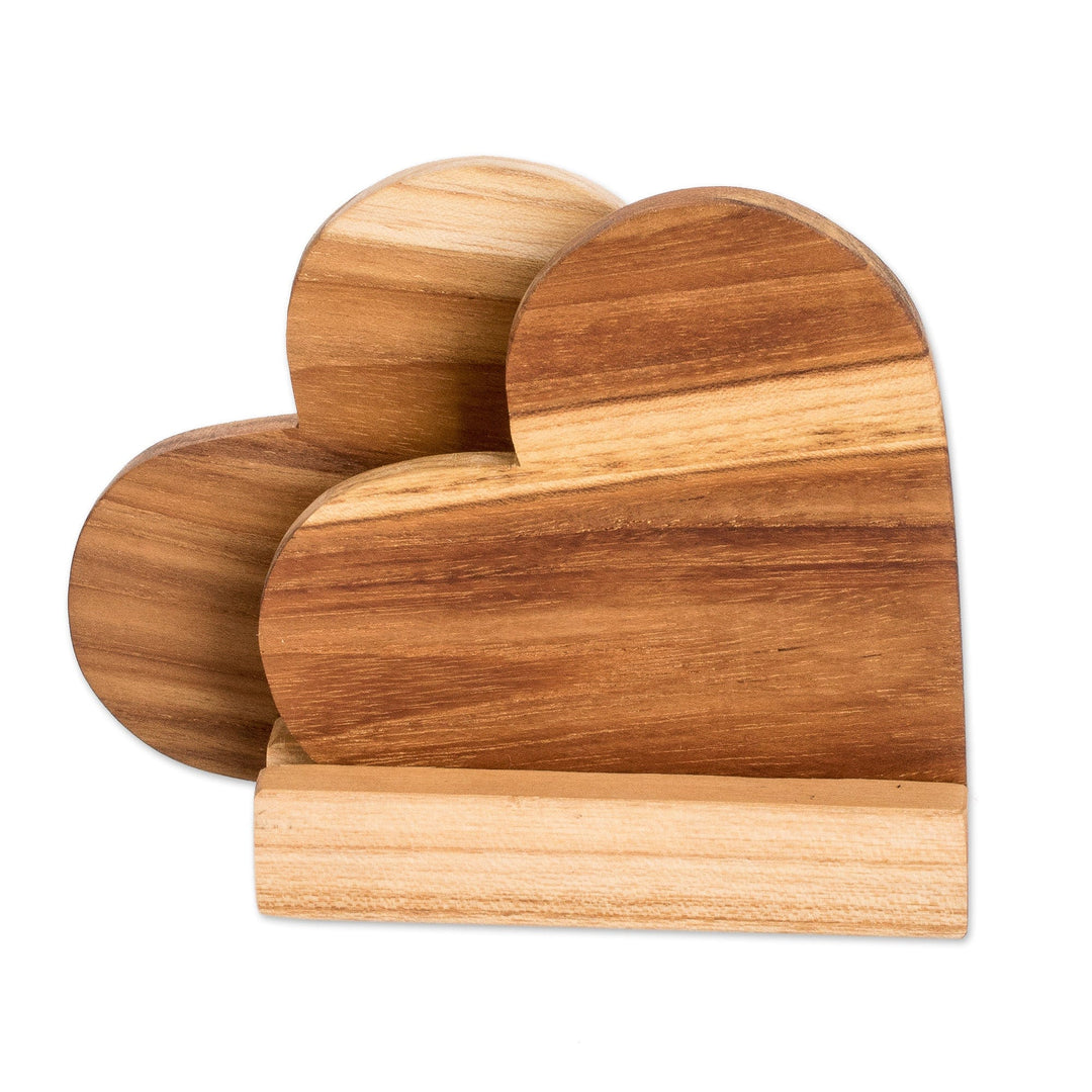 Heart-Shaped Teak Wood Coasters with Base (3 Pieces) - Love Elixir