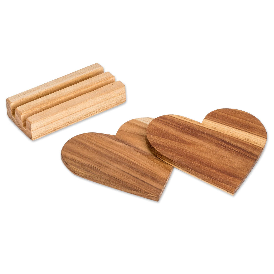 Heart-Shaped Teak Wood Coasters with Base (3 Pieces) - Love Elixir