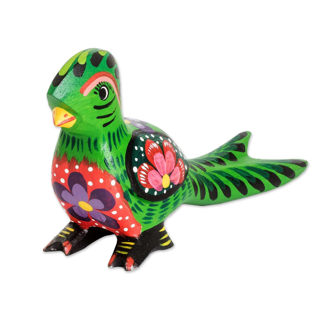 Floral Hand-Carved Painted Green Pinewood Quetzal Figurine - Regal Quetzal