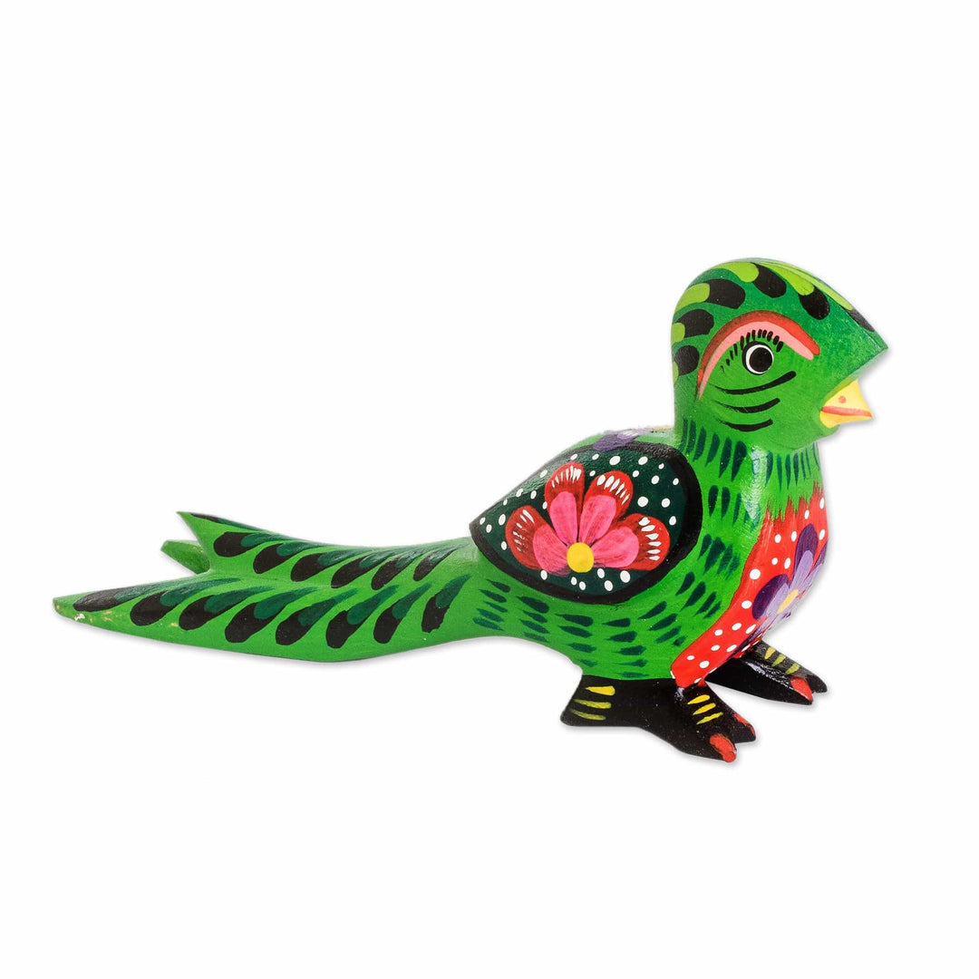 Floral Hand-Carved Painted Green Pinewood Quetzal Figurine - Regal Quetzal