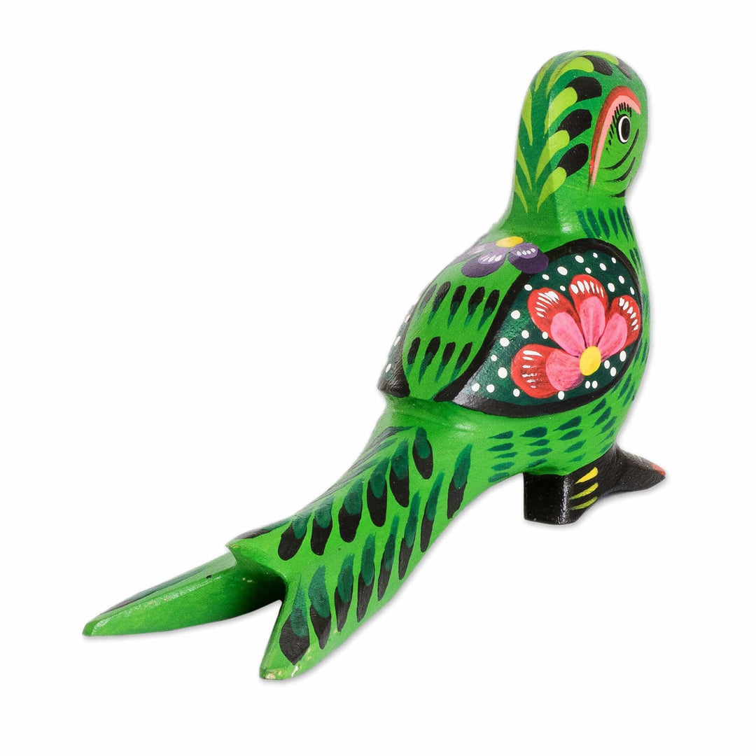 Floral Hand-Carved Painted Green Pinewood Quetzal Figurine - Regal Quetzal
