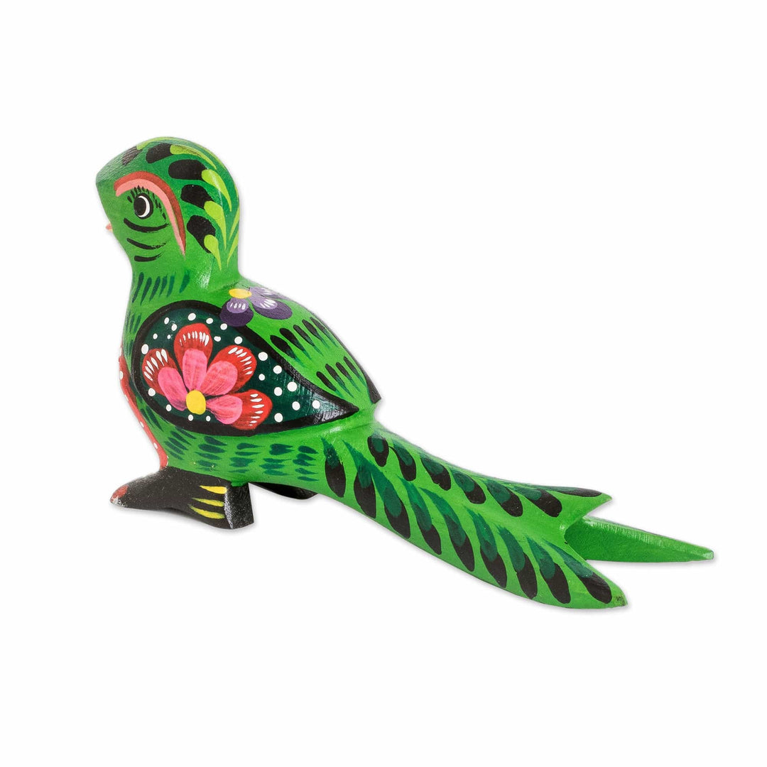 Floral Hand-Carved Painted Green Pinewood Quetzal Figurine - Regal Quetzal