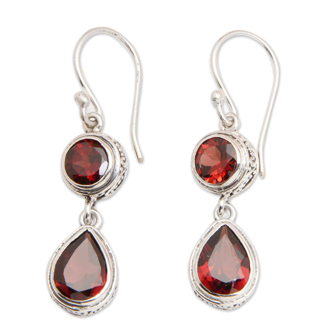 925 Silver Dangle Earrings with Round and Pear Garnet Stones - Splendid Red