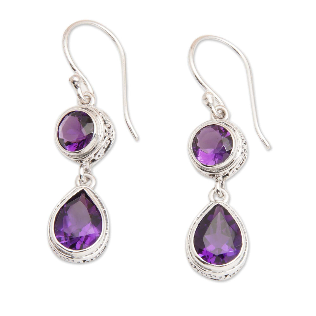 925 Silver Dangle Earrings with Round & Pear Amethyst Stones - Splendid Purple