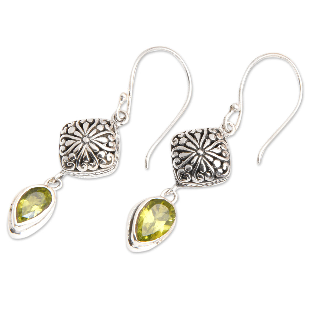 Sterling Silver Dangle Earrings with Pear Peridot Gemstones - Heavenly Green