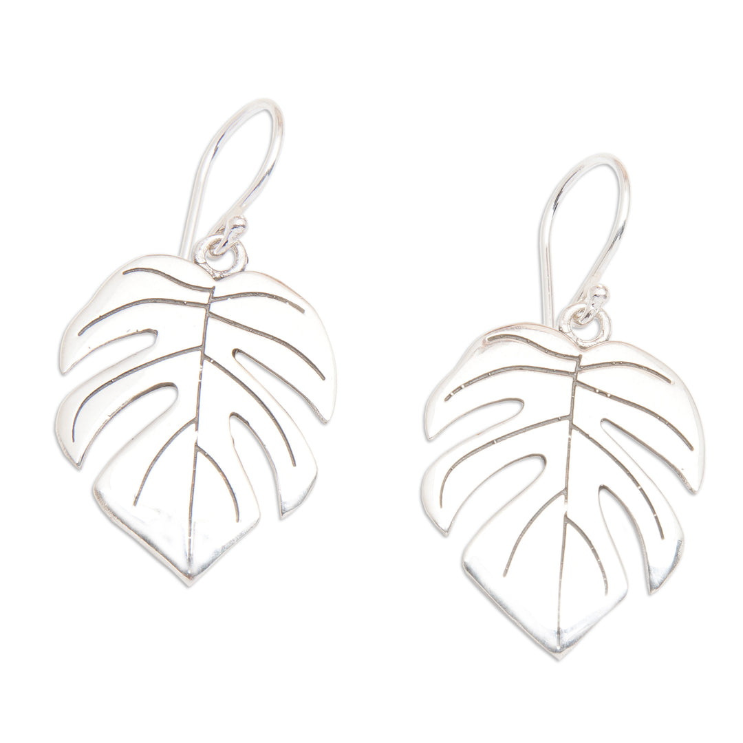 Monstera-Shaped Sterling Silver Dangle Earrings from Bali - Blossoming Monstera