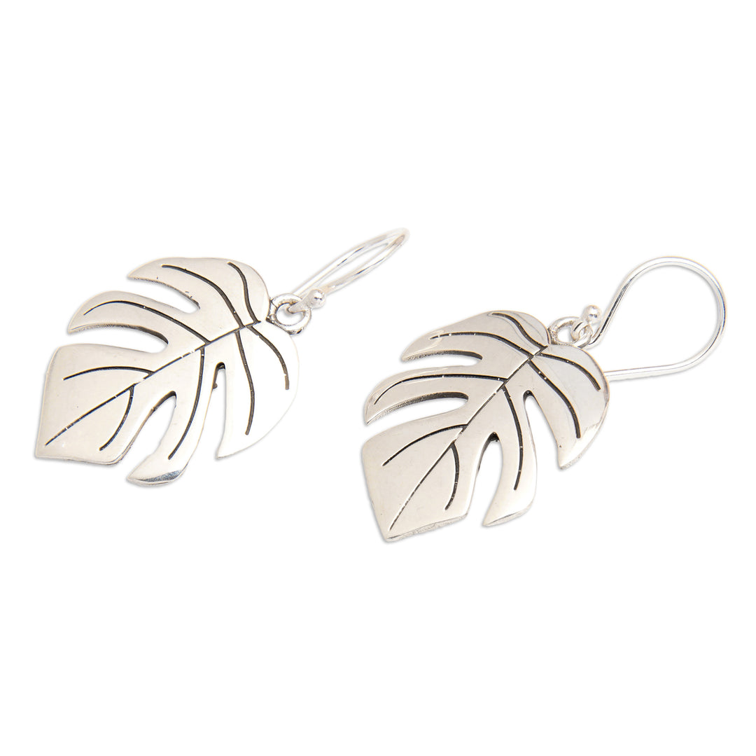 Monstera-Shaped Sterling Silver Dangle Earrings from Bali - Blossoming Monstera