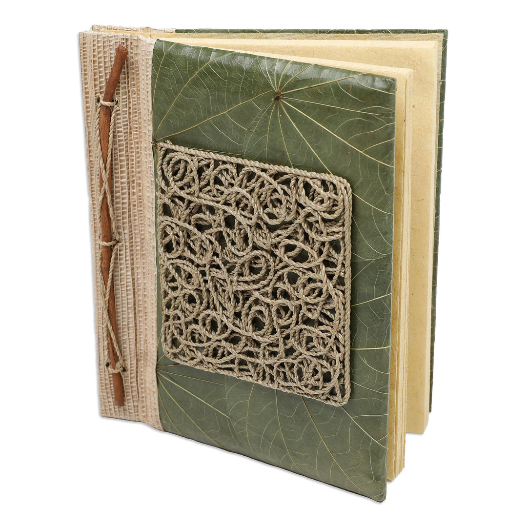 Handmade Natural Fiber Journal Covered in Green Leaves - Memories from the Heart