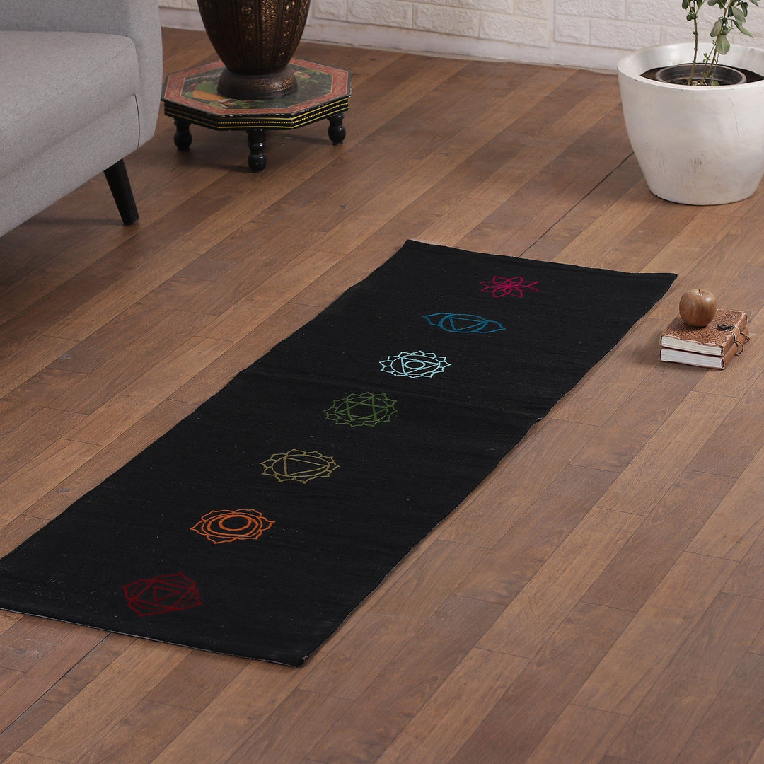 Chakra-Themed Embroidered Cotton Yoga Mat in Black (2x6) - Chakras in Black