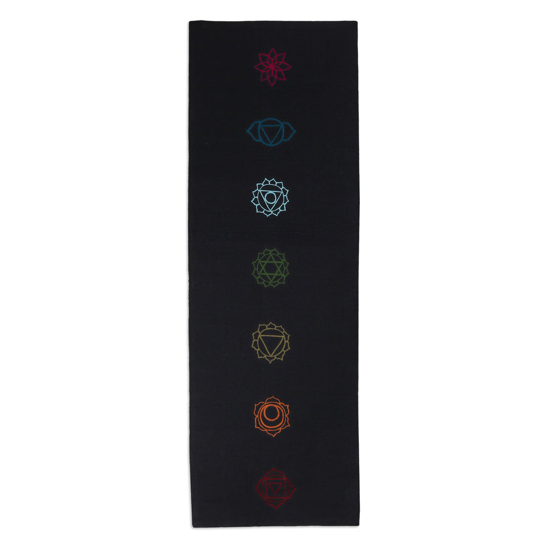 Chakra-Themed Embroidered Cotton Yoga Mat in Black (2x6) - Chakras in Black