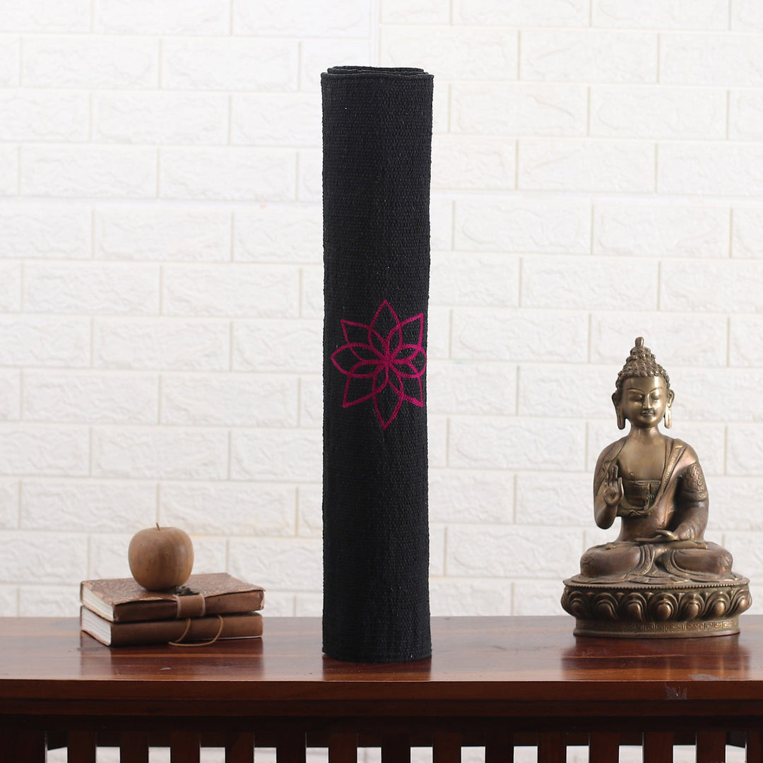 Chakra-Themed Embroidered Cotton Yoga Mat in Black (2x6) - Chakras in Black