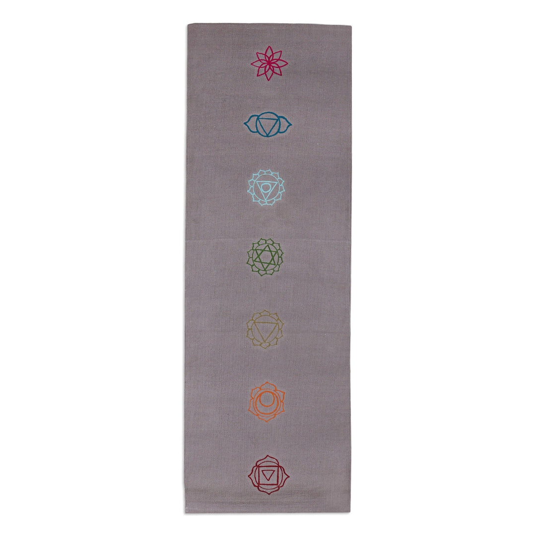 Chakra-Themed Embroidered Cotton Yoga Mat in Grey (2x6) - Chakras in Grey